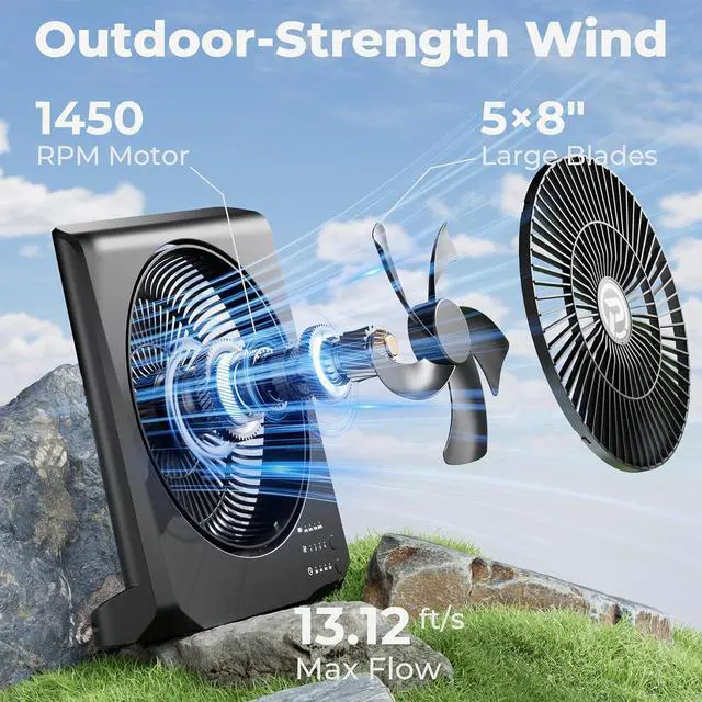 Alt view image 3 of 7 - PANERGY 20000mAh Rechargeable Battery Powered Fan - 10" Square Box Fan with 55H Runtime, 4 Speeds & Timer, 270° Pivot, Cordless & Portable for Home, Patio, Camping, Travel, Power Outages (No Remote)