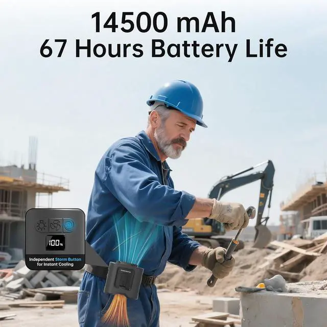 Alt view image 3 of 7 - PANERGY Portable Waist Fan, 67H Runtime Wearable Fan with 4+1 Speeds, Storm Mode, 14500mAh Rechargeable Belt Fan with Dual Clip, Flashlight for Outdoor Jobsite(Black)