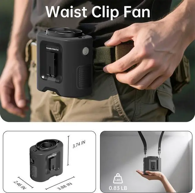 Alt view image 6 of 7 - PANERGY Portable Waist Fan, 67H Runtime Wearable Fan with 4+1 Speeds, Storm Mode, 14500mAh Rechargeable Belt Fan with Dual Clip, Flashlight for Outdoor Jobsite(Black)