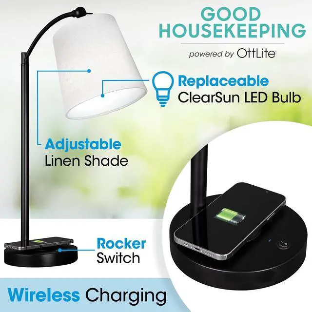 Alt view image 2 of 7 - OttLite Good Housekeeping Shaded LED Desk Lamp with Wireless Charging Pad - Designed to Reduce Eyestrain - Adjustable Shade, Replaceable ClearSun LED Bulb, Crafting, Reading Light, Desk Lamp