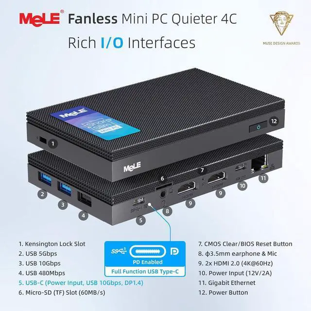 Alt view image 2 of 7 - MeLE Quieter4C Fanless Mini PC with Windows 11 Home N100 4GB 128GB Desktop Computer Triple Display Dual HDMI WiFi5 BT5.1 Ethernet Unlocked Bios Full Function USB-C on Office/Home/Astrophotography