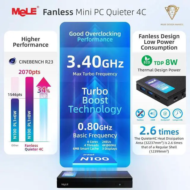 Alt view image 3 of 7 - MeLE Quieter4C Fanless Mini PC with Windows 11 Home N100 4GB 128GB Desktop Computer Triple Display Dual HDMI WiFi5 BT5.1 Ethernet Unlocked Bios Full Function USB-C on Office/Home/Astrophotography