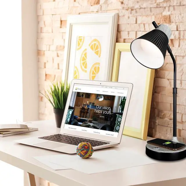 Alt view image 2 of 7 - OttLite Wellness Series Wireless Charging LED Table Lamp, Black with Grey Woodgrain Accents,Touch Activated Controls, Flexible Neck, ClearSun LED Light, for Work, Study, Reading