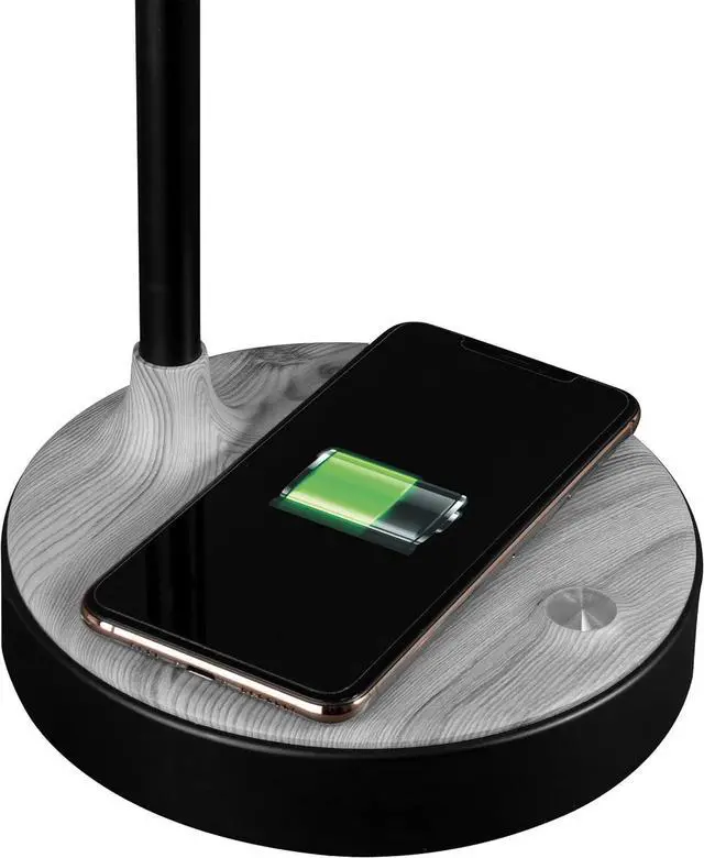 Alt view image 4 of 7 - OttLite Wellness Series Wireless Charging LED Table Lamp, Black with Grey Woodgrain Accents,Touch Activated Controls, Flexible Neck, ClearSun LED Light, for Work, Study, Reading