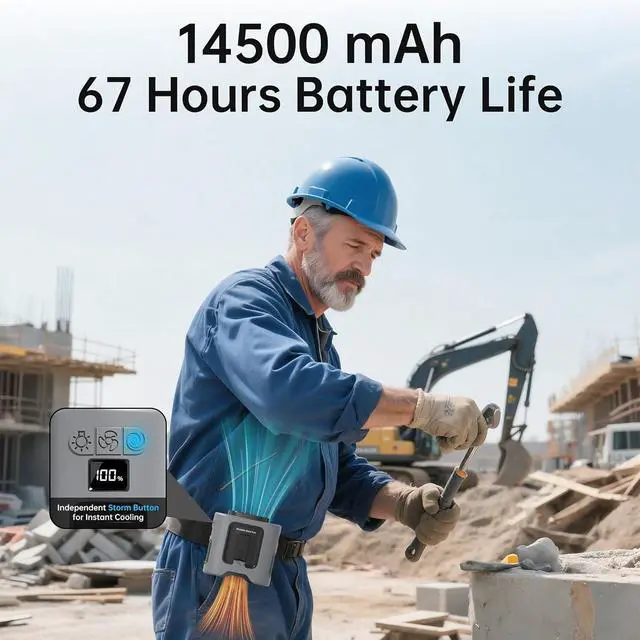 Alt view image 3 of 7 - PANERGY Portable Waist Fan, 67H Runtime Wearable Fan with 4+1 Speeds, Storm Mode, 14500mAh Rechargeable Belt Fan with Dual Clip, Flashlight for Outdoor Jobsite(Grey)