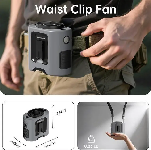 Alt view image 6 of 7 - PANERGY Portable Waist Fan, 67H Runtime Wearable Fan with 4+1 Speeds, Storm Mode, 14500mAh Rechargeable Belt Fan with Dual Clip, Flashlight for Outdoor Jobsite(Grey)