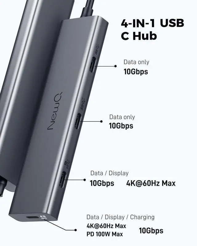 Alt view image 2 of 7 - USB C Video Splitter Dual Monitor, 4-Port USB-C 3.2 Gen 2 10Gbps Hub,for USBC PD Monitor, Type C Monitors, Portable Screen, DP Alt 4K@30-60Hz, 100W PD, for Win/Chrome Laptop, AR Glasses, Game Console