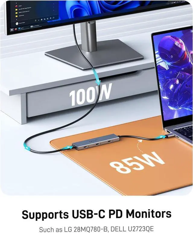 Alt view image 3 of 7 - USB C Video Splitter Dual Monitor, 4-Port USB-C 3.2 Gen 2 10Gbps Hub,for USBC PD Monitor, Type C Monitors, Portable Screen, DP Alt 4K@30-60Hz, 100W PD, for Win/Chrome Laptop, AR Glasses, Game Console