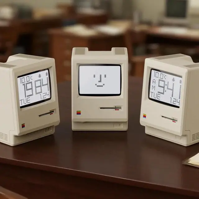 Alt view image 3 of 7 - RayCue Maclock WB-8 Retro Pixel Alarm Clock, 1984 Computer-Inspired USB Desk Clock with Pixel Display, Multiple Alarms, Adjustable Brightness, Calendar, Temperature, Unique Retro Tech Gift