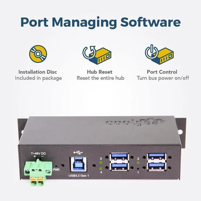 Alt view image 3 of 6 - Coolgear 4 Port Managed USB 3.2 Gen 1 Hub with 15KV ESD Surge Protection and Individual Port Control for PCs