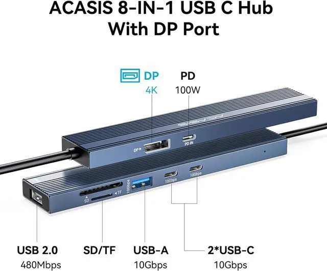 Alt view image 2 of 7 - ACASIS USB C Hub with DP Port 10Gbps Multiport Adapter with 4K Display Port 3*USB3.2 Gen2+USB2.0 480M/bps Data Port 100W Power Delivery SD/TF3.0 USB C to Displayport for Video Editors and More