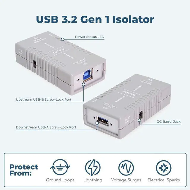 Alt view image 2 of 6 - Coolgear USB Isolation Adapter w/Screw Lock USB-B | 3000Vrms Protection for Labs, Medical Devices & Automation | TAA Compliant