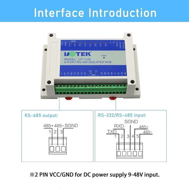 Alt view image 4 of 7 - UOTEK 8 Port RS485 Hub with Isolation RS232 to RS485 Hub Industrial Grade RS485 Serial Converter Hub Din Rail Mountable Hub UT-1128