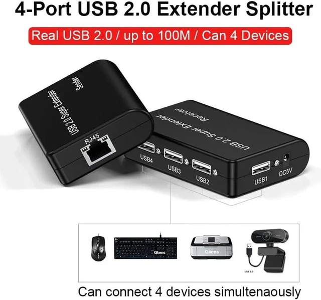 Alt view image 2 of 7 - USB 2.0 Network Extender, 4-Port Splitter with RJ45, 100M Range, Compatible with Keyboard Mouse Webcam