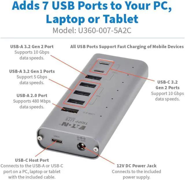 Alt view image 2 of 7 - Tripp Lite Series 7-Port USB-C Hub - USB 3.2 Gen 1 and USB 3.2 Gen 2, 5 USB-A and 2 USB-C Ports, Gray (U360-007-5A2C)