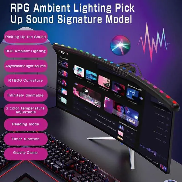 Alt view image 5 of 7 - RGB Music Sync Monitor Light Bar for Curved Monitors 24-27 Inch - Touch Control USB Powered Screen Light with Eye Care