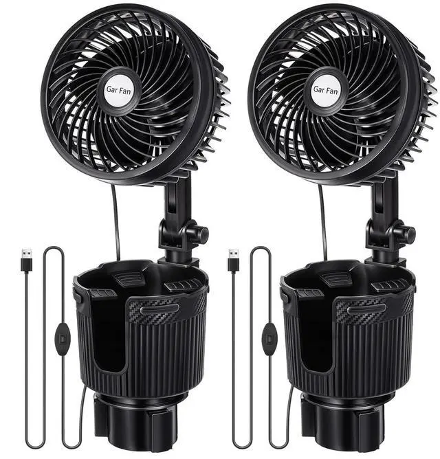 Main image of 2 Pcs USB Car Fan with Cup Holder 2 in 1 6 Inch Portable Vehicle Cooling Fan Expander 2 Speeds 360 Degree Rotation Adjustable Base Cup Holder for SUV Rv Truck Sedan Boat Supplies