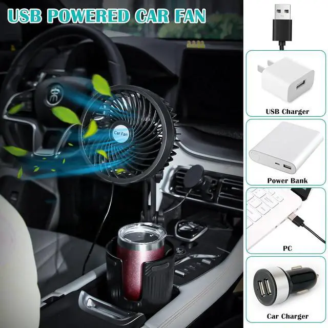 Alt view image 6 of 7 - 2 Pcs USB Car Fan with Cup Holder 2 in 1 6 Inch Portable Vehicle Cooling Fan Expander 2 Speeds 360 Degree Rotation Adjustable Base Cup Holder for SUV Rv Truck Sedan Boat Supplies