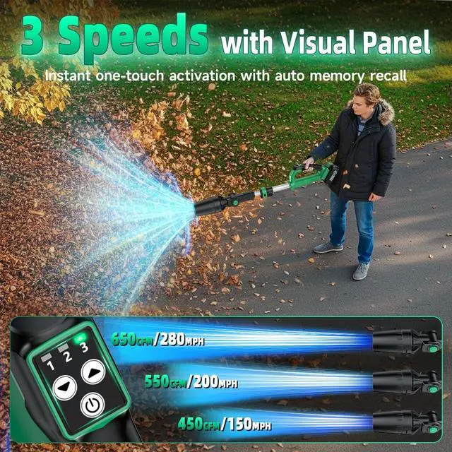 Alt view image 4 of 7 - KIMO Cordless Leaf Blower with Battery and Charger, 310000RPM Brushless Motor, 37 Inch Adjustable Pole, 650CFM 280MPH, 3Speeds w/Smart Panel, 2Pack 4000mAh Battery Operated Leaf Blowers for Lawn Care