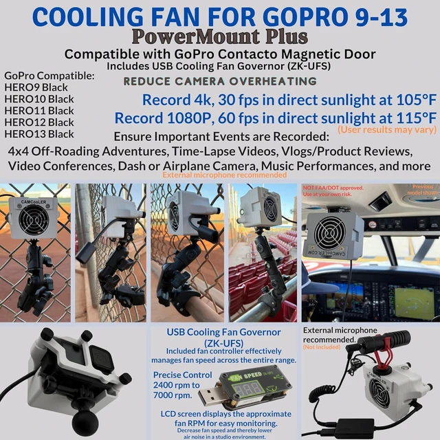 Alt view image 2 of 7 - 9Thirteen, Cooler Fan/Case. Works with GoPro HERO9, HERO10, HERO11, HERO12, HERO13, Reduce Overheating in Static Environments at Sporting Events,Vlogging (White, PowerMount Plus Variable Speed Fan)