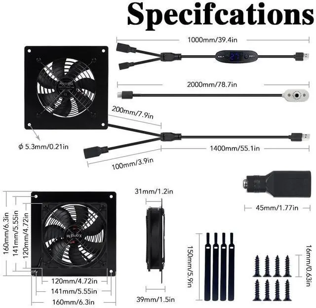 Alt view image 5 of 7 - Silent 6" (120mm) Temperature-Controlled USB/DC Fan - 5V/12V Dual Voltage, 10-Speed Settings, Perfect for Server Racks, RVs & AV Cabinets