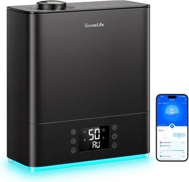 Main image of GoveeLife Smart Humidifiers for Bedroom Large Room, Top-Fill Cool Mist 6L WiFi Air Humidifier, Auto Mode, App & Voice Control, 60H Runtime, Rapid Humidification, RGB Nightlight Baby Plants, Black