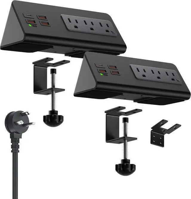 Alt view image 2 of 7 - Power charge station edge clamp mount with USB-C portsTabletop Surge Protector Desk Clamp Power Sockets with 3 AC Outlets and 4 Fast Charging USB Ports for Home Office Hotel and Dormitory (Black-2pcs)