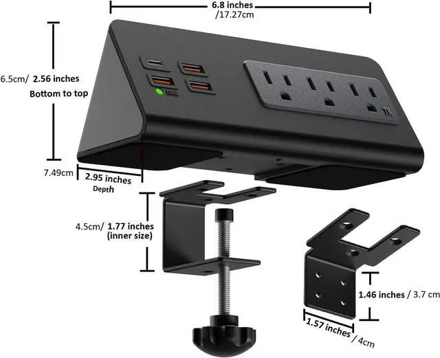 Alt view image 7 of 7 - Power charge station edge clamp mount with USB-C portsTabletop Surge Protector Desk Clamp Power Sockets with 3 AC Outlets and 4 Fast Charging USB Ports for Home Office Hotel and Dormitory (Black-2pcs)