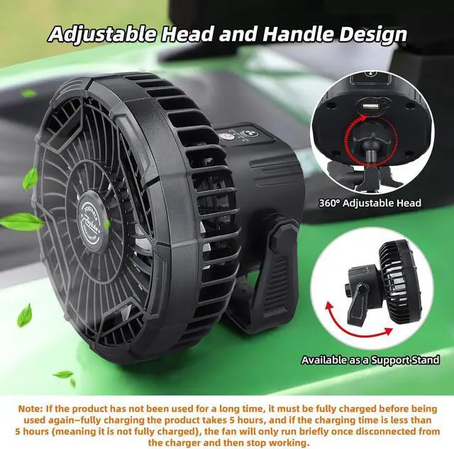 Alt view image 2 of 6 - Roykaw Golf Cart Portable Rechargeable Fan Compatible with EZGO Club Car Yamaha, 10400mAh Battery Operated, 3-Gear Speed/LED Lantern, Cordless Fan with Remote/Handle/Hang Hook, USB & Type C Port