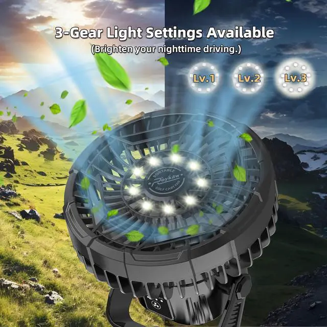 Alt view image 3 of 6 - Roykaw Golf Cart Portable Rechargeable Fan Compatible with EZGO Club Car Yamaha, 10400mAh Battery Operated, 3-Gear Speed/LED Lantern, Cordless Fan with Remote/Handle/Hang Hook, USB & Type C Port