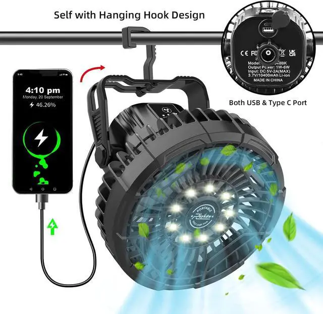 Alt view image 5 of 6 - Roykaw Golf Cart Portable Rechargeable Fan Compatible with EZGO Club Car Yamaha, 10400mAh Battery Operated, 3-Gear Speed/LED Lantern, Cordless Fan with Remote/Handle/Hang Hook, USB & Type C Port