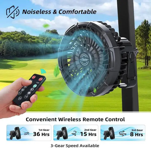 Alt view image 4 of 6 - Roykaw Golf Cart Portable Rechargeable Fan Compatible with EZGO Club Car Yamaha, 10400mAh Battery Operated, 3-Gear Speed/LED Lantern, Cordless Fan with Remote/Handle/Hang Hook, USB & Type C Port