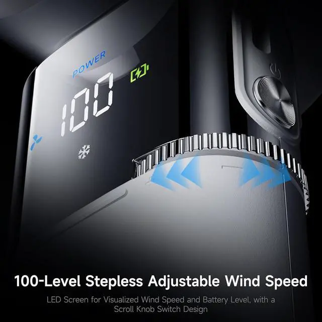 Alt view image 6 of 7 - Portable Handheld Turbo Fan with Ice Cooling, 9000mAh Rechargeable Personal Fan, 100-Speed Wind, Built-in Type-C Cable, LED Display,135° Tilt Foldable for Desk/Neck/Travel-White