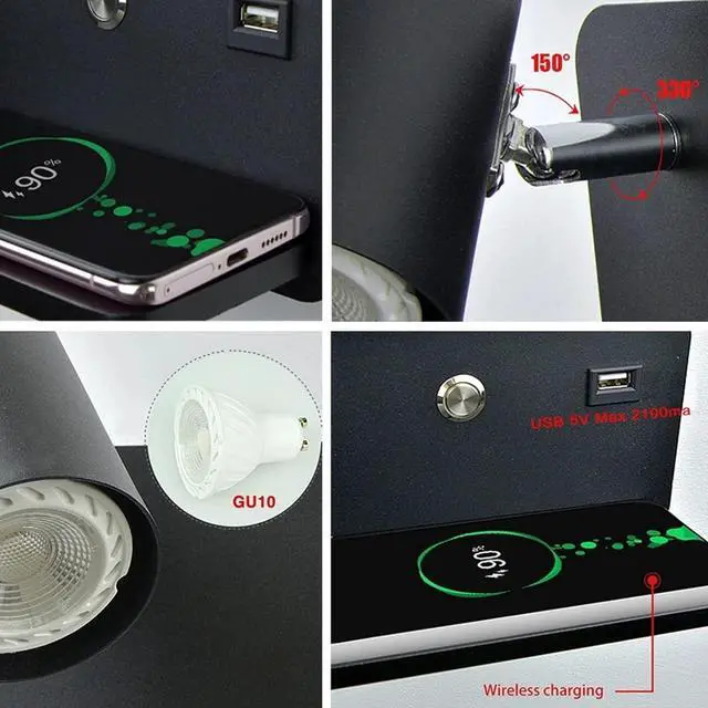 Alt view image 2 of 7 - 85 to 265V Adjustable Lamp Holder USB Wall Light for Reading Study Bedside Hallway, Wireless Wall Light, Convenient USB Charging Interface Charging LED Lamp (Black Left)