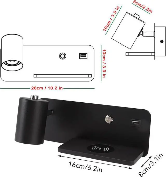 Alt view image 4 of 7 - 85 to 265V Adjustable Lamp Holder USB Wall Light for Reading Study Bedside Hallway, Wireless Wall Light, Convenient USB Charging Interface Charging LED Lamp (Black Left)