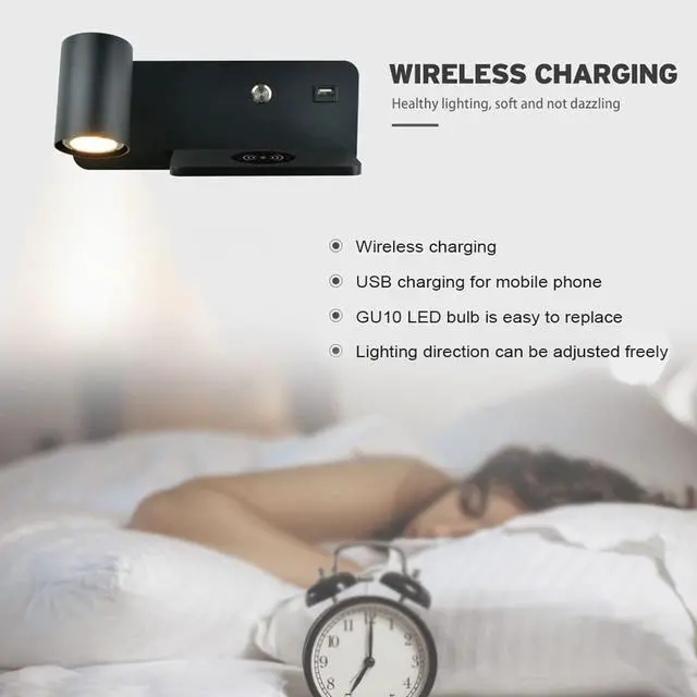 Alt view image 3 of 7 - 85 to 265V Adjustable Lamp Holder USB Wall Light for Reading Study Bedside Hallway, Wireless Wall Light, Convenient USB Charging Interface Charging LED Lamp (Black Left)