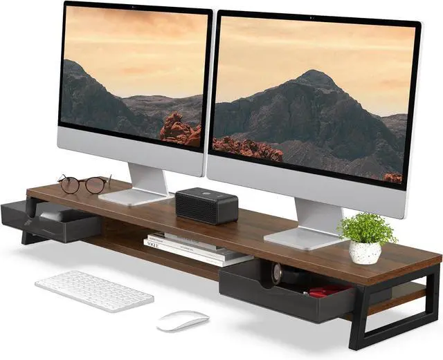 Main image of Fenge Dual Monitor Stand, Monitor Riser with Drawer, 42.5 Inch Large Computer Monitor Stand for 2 Monitors, 2 Tier Wooden Desk Shelf for Top of Desk