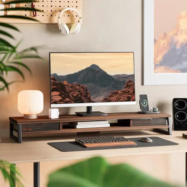 Alt view image 2 of 7 - Fenge Dual Monitor Stand, Monitor Riser with Drawer, 42.5 Inch Large Computer Monitor Stand for 2 Monitors, 2 Tier Wooden Desk Shelf for Top of Desk