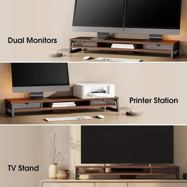Alt view image 6 of 7 - Fenge Dual Monitor Stand, Monitor Riser with Drawer, 42.5 Inch Large Computer Monitor Stand for 2 Monitors, 2 Tier Wooden Desk Shelf for Top of Desk