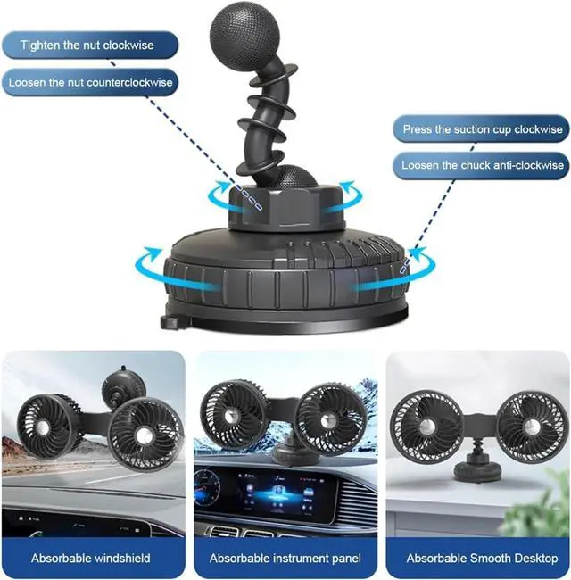 Alt view image 6 of 7 - 5V/12V/24V Car Fan - 360 Degree Rotation Mini Dual Head USB Charging Electric Vehicle Cooling Fan with 3 Speeds(Type C 5V)