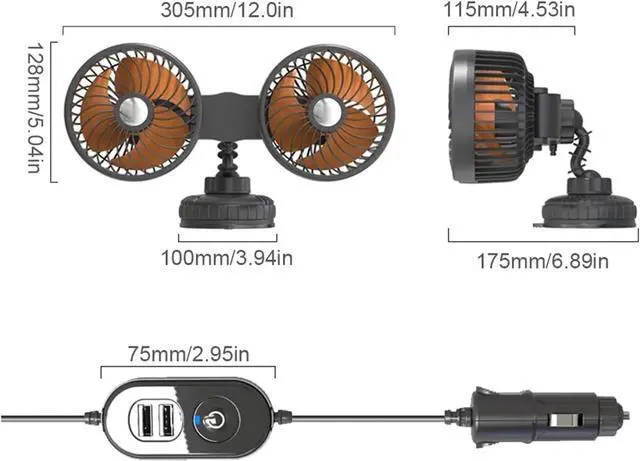 Alt view image 7 of 7 - 5V/12V/24V Car Fan - 360 Degree Rotation Mini Dual Head USB Charging Electric Vehicle Cooling Fan with 3 Speeds(Type C 5V)