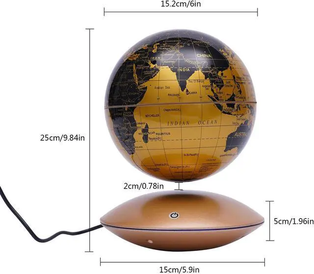 Alt view image 4 of 7 - Floating Magnetic Levitation LED Globe, 6 Inch, Gold, Political Map, Metal Base