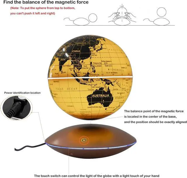 Alt view image 5 of 7 - Floating Magnetic Levitation LED Globe, 6 Inch, Gold, Political Map, Metal Base