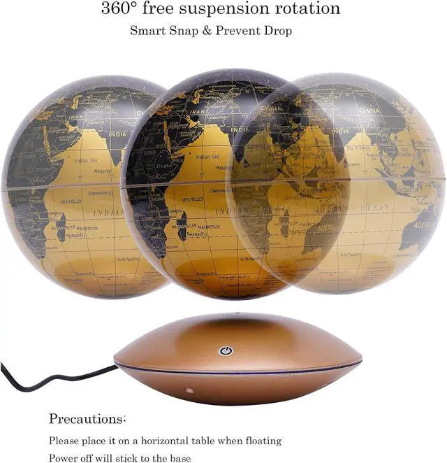 Alt view image 6 of 7 - Floating Magnetic Levitation LED Globe, 6 Inch, Gold, Political Map, Metal Base