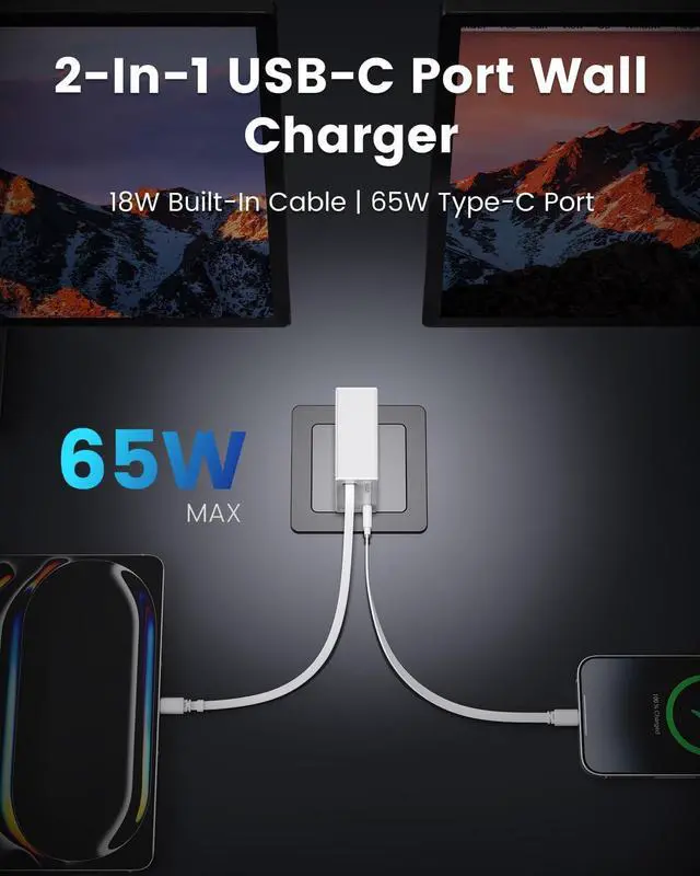 Alt view image 3 of 7 - Gitryin 4 65W USB C Retractable Wall Chargers with Built-in Type-C Cable and 8-in-1 Desktop Charging Station