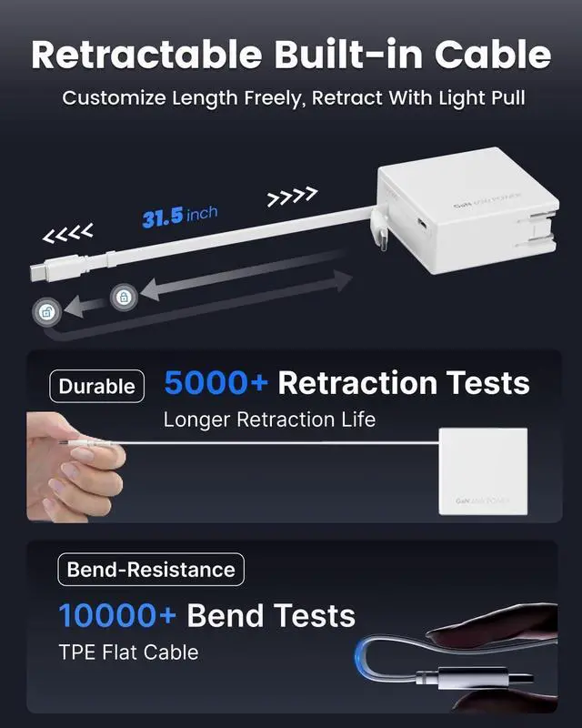 Alt view image 4 of 7 - Gitryin 4 65W USB C Retractable Wall Chargers with Built-in Type-C Cable and 8-in-1 Desktop Charging Station