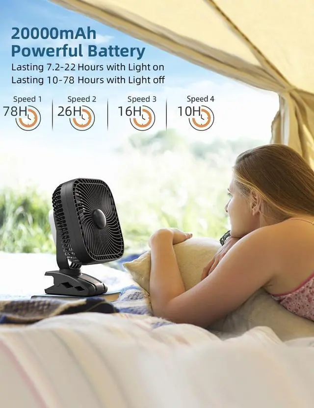 Alt view image 2 of 6 - SLENPET 20000mAh Rechargeable Portable Clip on Fan, Last 78 hrs, 4 Speeds Camping Fan, Battery Operated Desk Fan with Light & Hook, 8 inch Personal Fan for Outdoor Golf Cart Stroller Camping