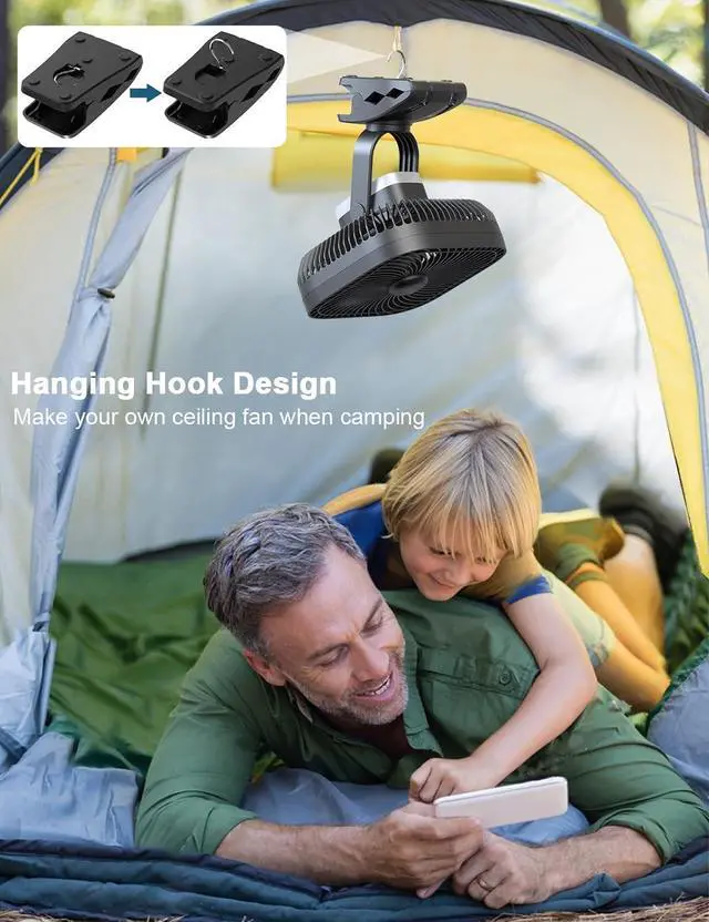 Alt view image 5 of 6 - SLENPET 20000mAh Rechargeable Portable Clip on Fan, Last 78 hrs, 4 Speeds Camping Fan, Battery Operated Desk Fan with Light & Hook, 8 inch Personal Fan for Outdoor Golf Cart Stroller Camping