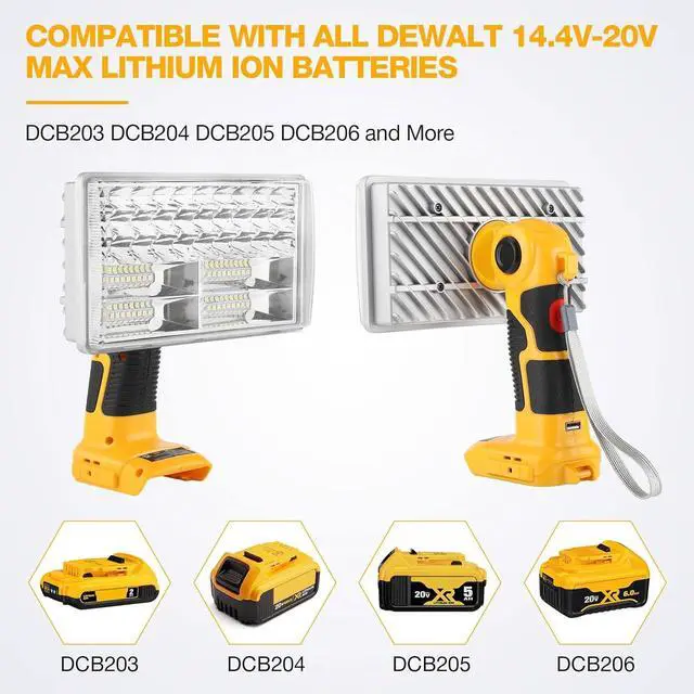 Alt view image 2 of 7 - LED Work Light for Dewalt 20V Battery, Hiesuan 30W 3300LM Jobsite Light Flashlight Spotlight with 110 Degree Pivoting Head Zinc Alloy, 5V 2.1A USB Port