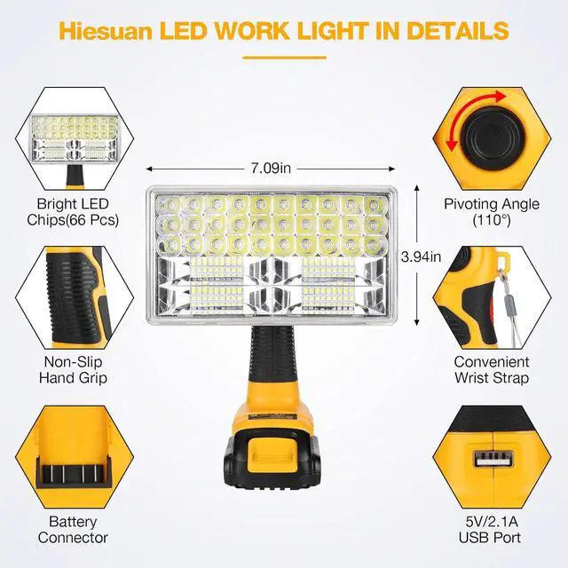 Alt view image 4 of 7 - LED Work Light for Dewalt 20V Battery, Hiesuan 30W 3300LM Jobsite Light Flashlight Spotlight with 110 Degree Pivoting Head Zinc Alloy, 5V 2.1A USB Port